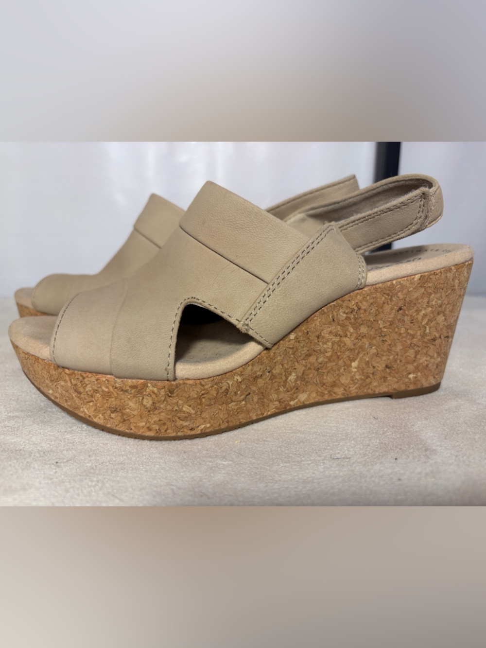 Clarks Taupe Leather Cork Slingback Wedges